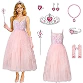 AMNPOLEN Women Costume Witch Pink Dress Princess Sequin Tulle Dress Gown Crown Wand Outfit for Halloween Cosplay