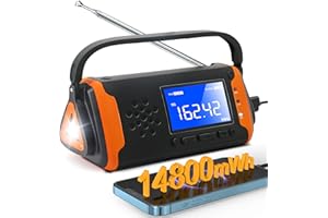 RUNNINGSNAIL 14800mWh Emergency NOAA Weather Alert Radio: Hand Crank Solar Portable Radio with Battery Operated, LCD Display, AUX Music Play, Flashlight, SOS Alarm, Emergency Phone Charger for Outdoor Emergency