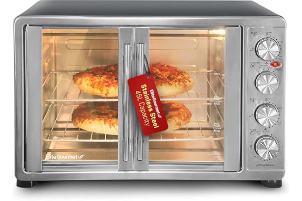 Elite Gourmet ETO4510B Double French Door 4-Control Knobs Countertop Convection Toaster Oven, Bake Broil Toast Rotisserie Kee
