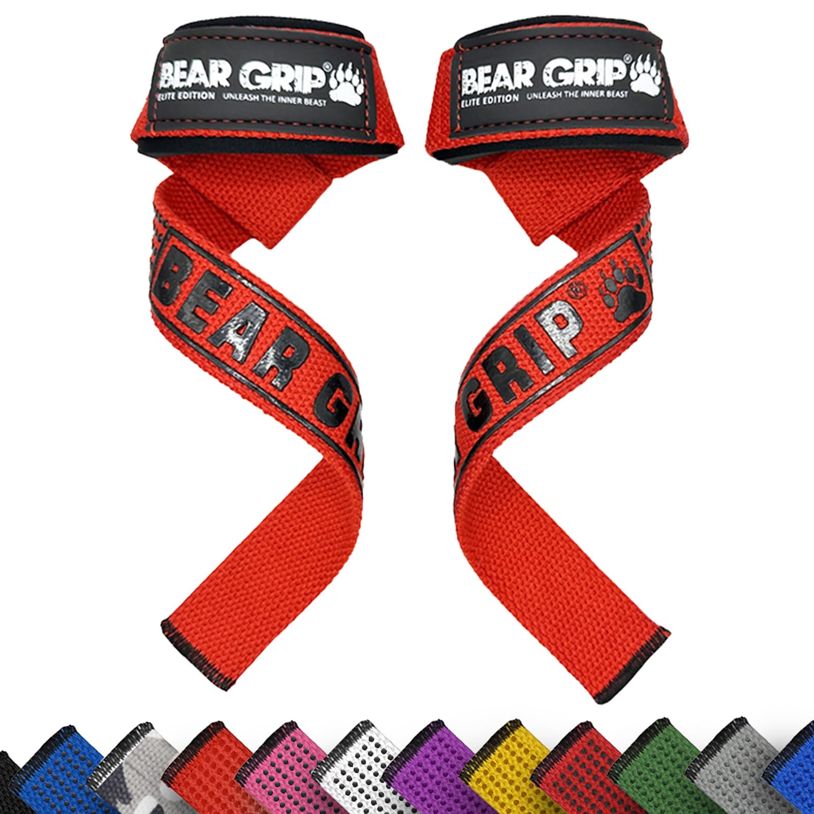 BEAR GRIP Straps - Premium Neoprene Padded Heavy Duty Double Stitched Weight Lifting Gym Straps, Deadlift, Gym Accessories for Men and Women, Advanced Gel Grip, 100% cotton, Extra long length (Red)