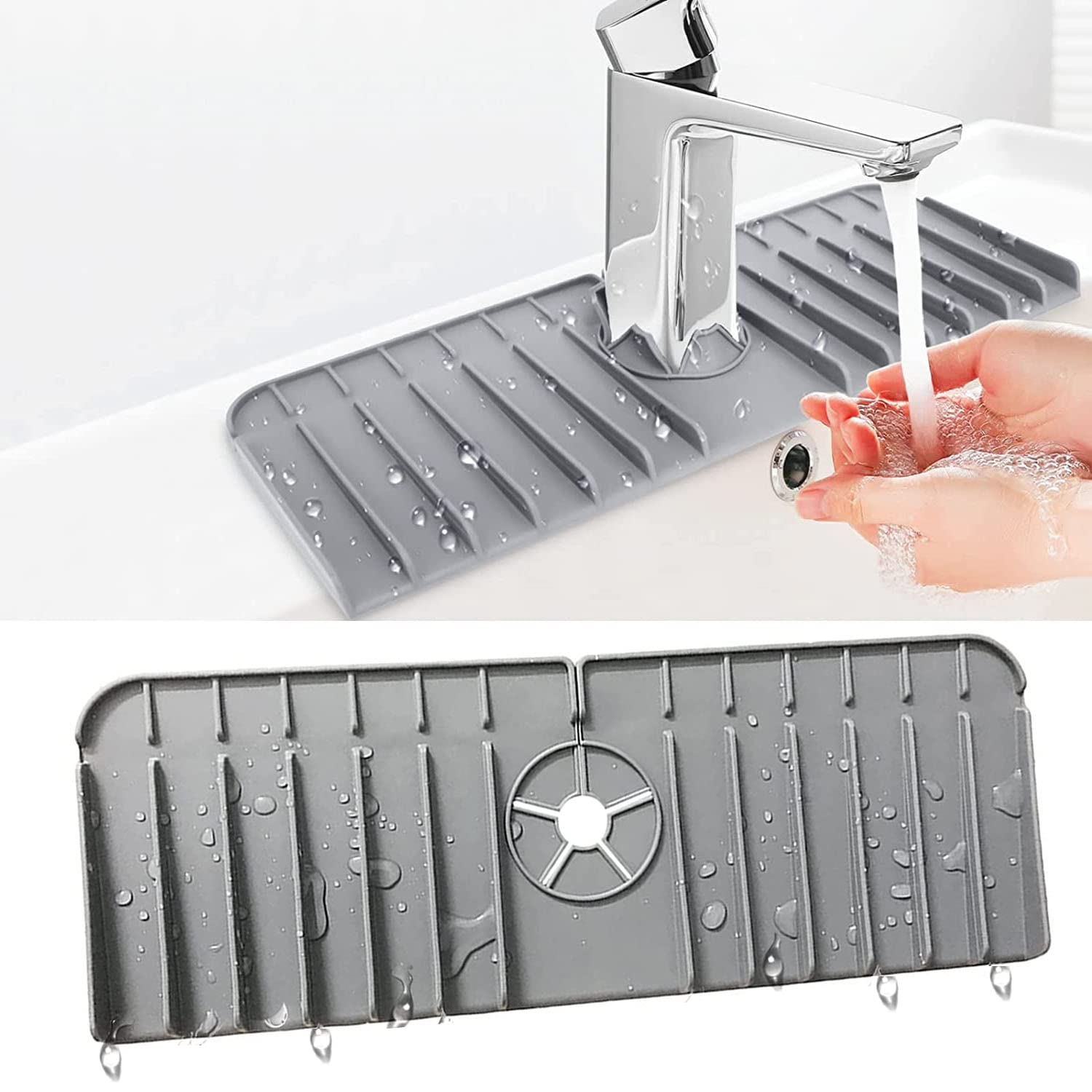 Silicone Kitchen Faucet Sink Splash Guard Faucet Handle Drip Catcher Tray Silicone Faucet Water Catcher Mat Sink Draining Pad Behind Faucet (Grey)