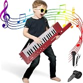 QShark Portable Electronic Keytar Toys Gifts for Boys Girls Age 3+, Red | Rechargeable Karaoke Piano Keyboard with Microphone &amp; Carry Strap, 4 Tones, 4 Rhythms, 10 Demo Songs