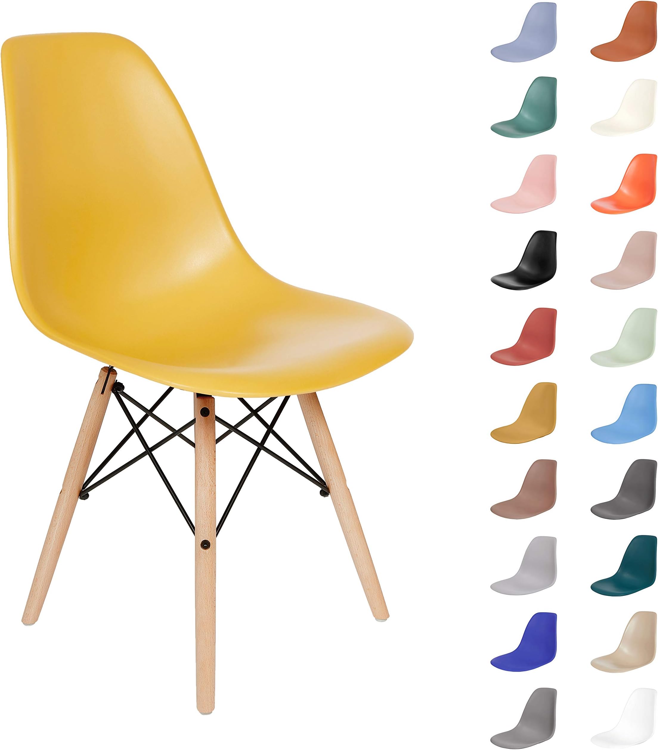 FUSIONWELL Dining Chair Plastic Seat with Wooden Legs for Kitchen Office Lounge Bedroom Chair (Mustard Yellow, Natural Wood Legs)