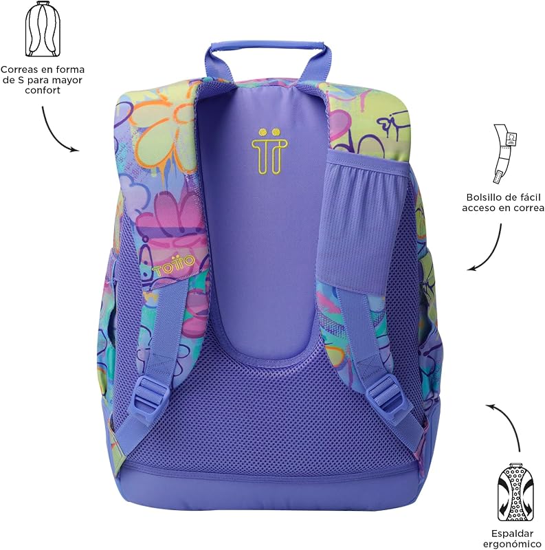 - Mochila escolar grande, modelo Rayol, capacidade de 19 L, 3 compartimentos, 2 bolsos para garrafas, bolso para PC de 14", encosto ergonómico para fluxo de ar, alças em S, Grafily Print