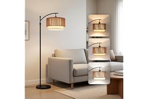 TABEVIO Floor Lamp for Living Room,57.5"-67" Height Adjustable Rattan Floor Lamps,3 Color Temps, Boho Standing Lamp with Ratt