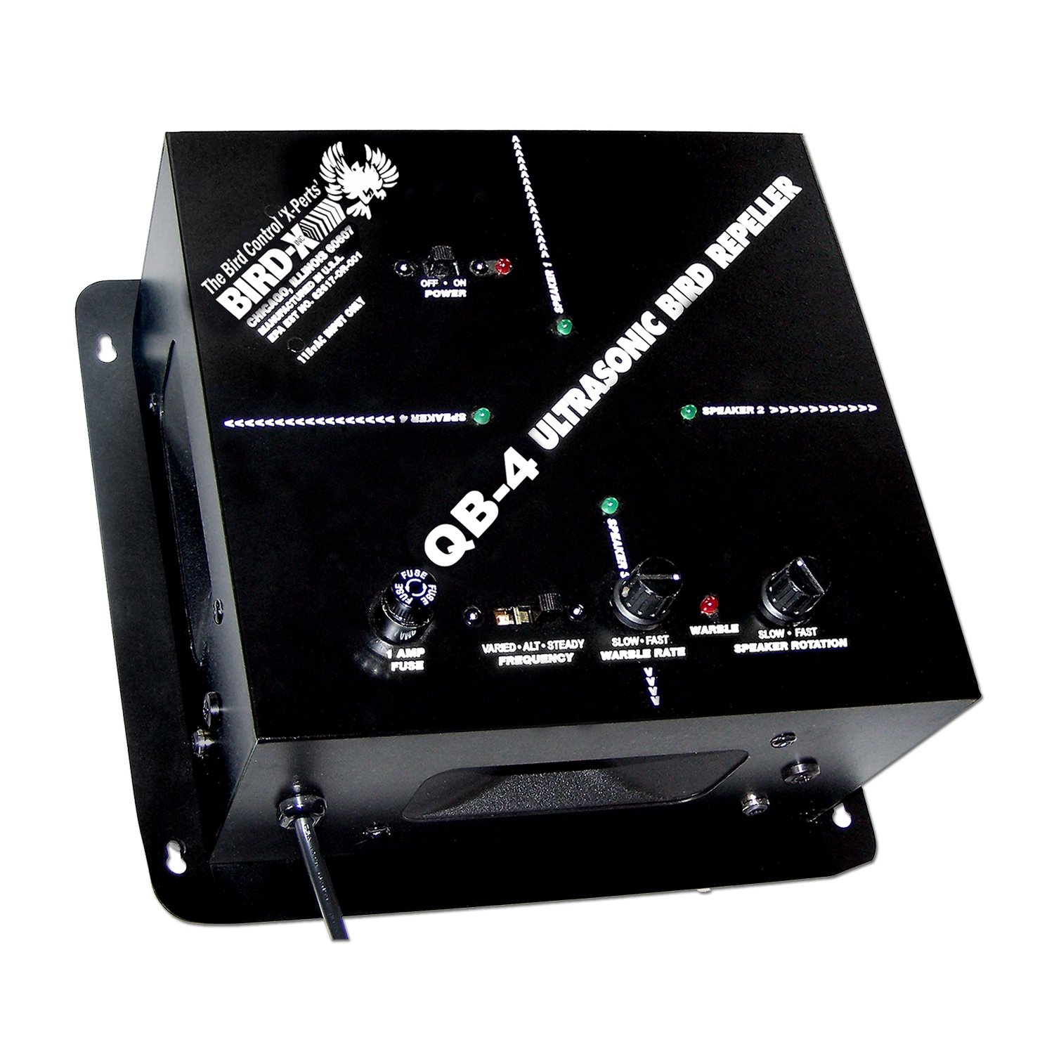 Photo 1 of Bird-X Quadblaster QB-4, Ultrasonic Bird Preventer with Optional Strobe Light and 4 Built-in Speakers, Ideal for Indoors and Semi-Enclosed Areas, Covers 6,500 sq. ft.