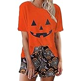 Women Halloween Pajama Sets Loose Fitting Short Sleeve Top and Shorts 2 Piece Lounge Set Sleepwear