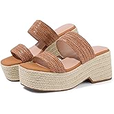 EQAUDES Womens Espadrilles Wedges Sandal Slides Summer Slip on Platform - Wedge, Raffia, Square Toe, Cute, Two Straw Strap, Comfortable Casual Wedding Shoes