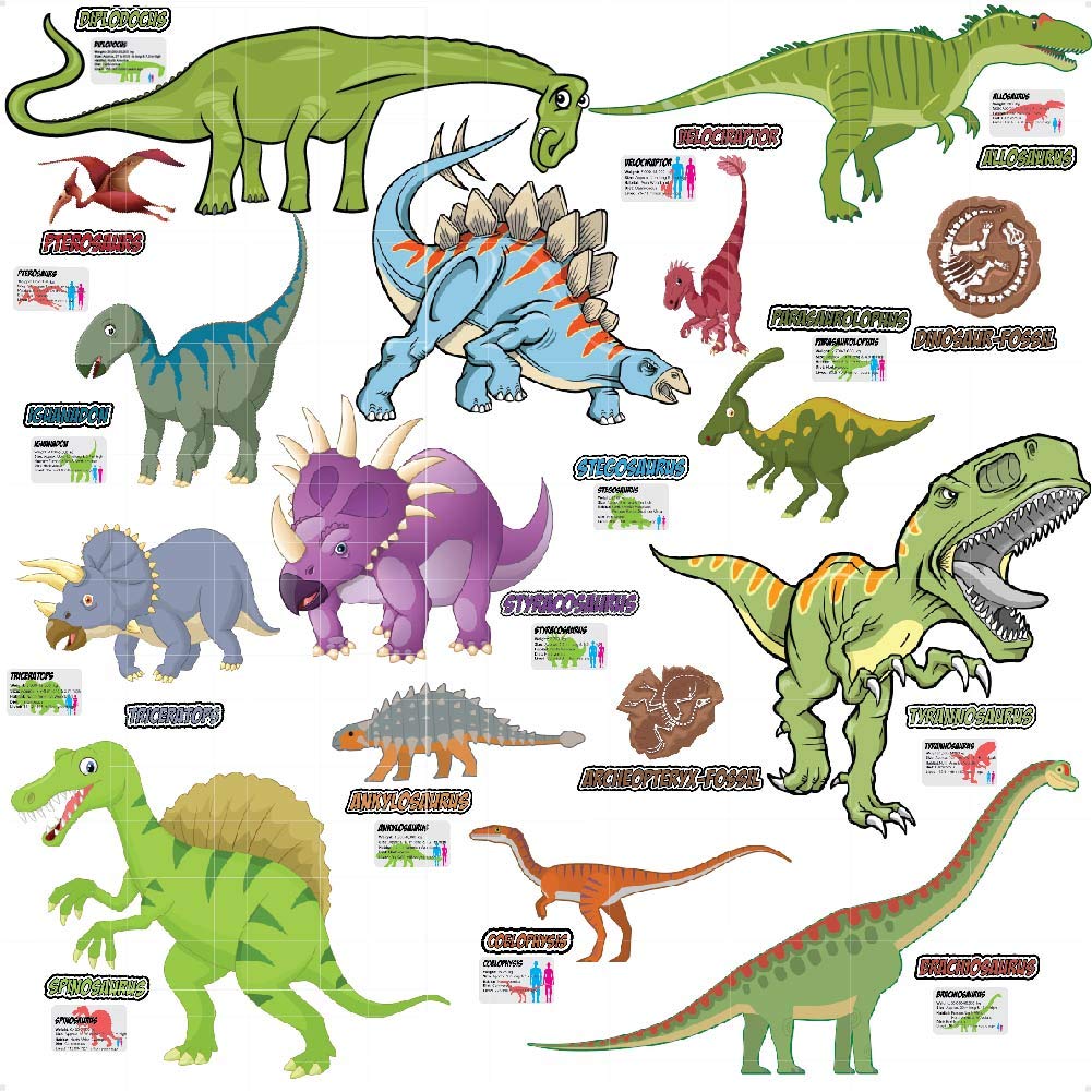 StickersMagic Dinosaur Wall Stickers Learn Educational Dino Names -Toddlers Kids Childs Bedroom Decorations USV-010