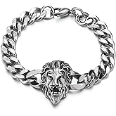 COOLSTEELANDBEYOND Heavy and Study Mens Biker Stainless Steel Lion Head Curb Chain Bracelet, Polished, Punk Rock