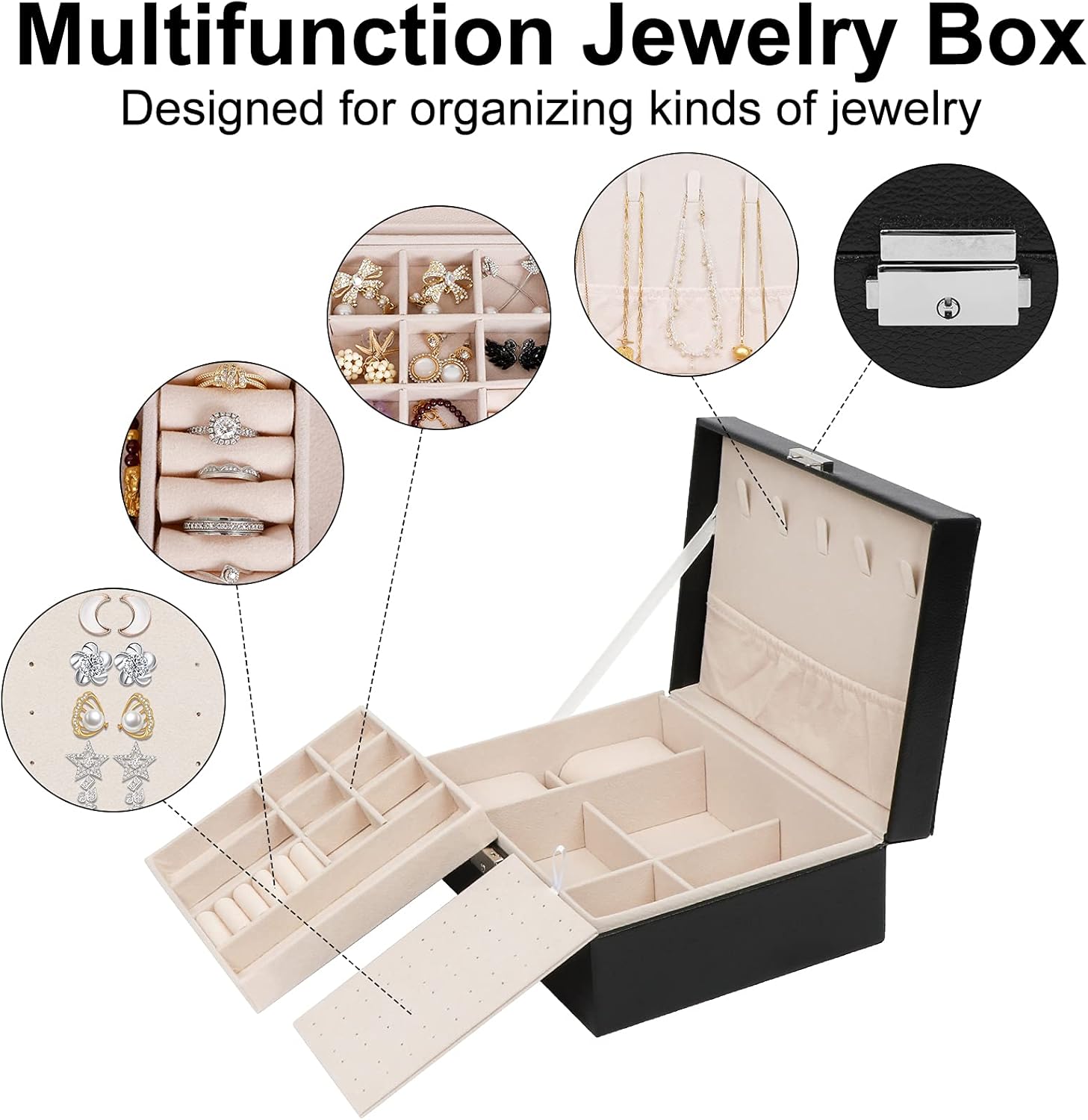 AerWo Jewelry Box for Women, 2 Layer Jewelry Holder PU Leather Jewelry Boxes & Organizers, with Lock and Removable Tray, Jewelry Cases for Storage and Display Rings Necklace Earrings Bracelets Watch: Home Improvement