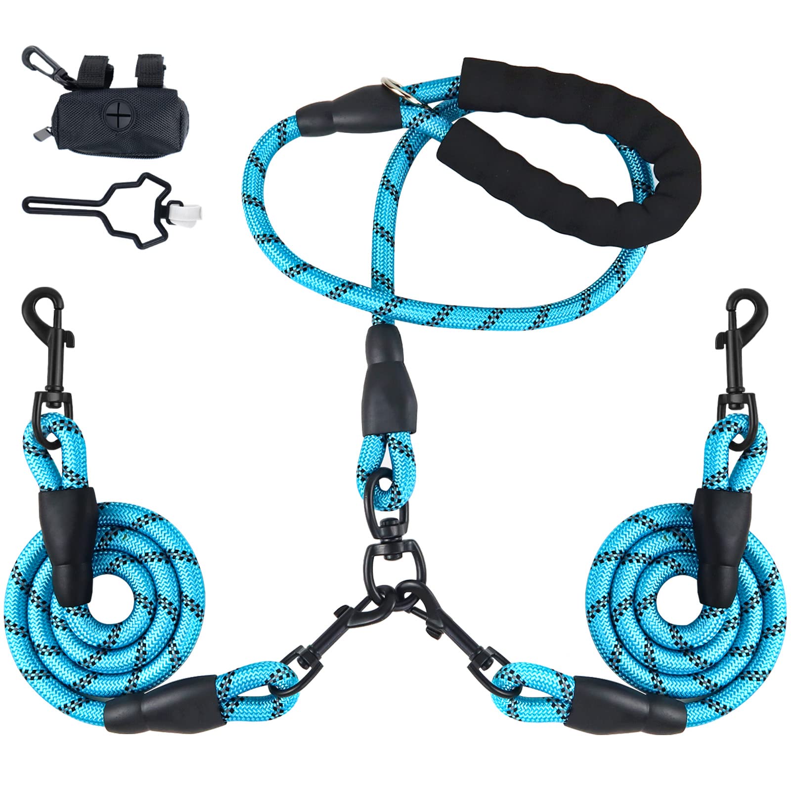 LELE LIFE Double Leash for Two Dogs, Heavy Duty Reflective, 360° Swivel, Tangle Free, Dual Large & Medium Dog Leash, with 2 Pack Poop Bag Holder, Blue