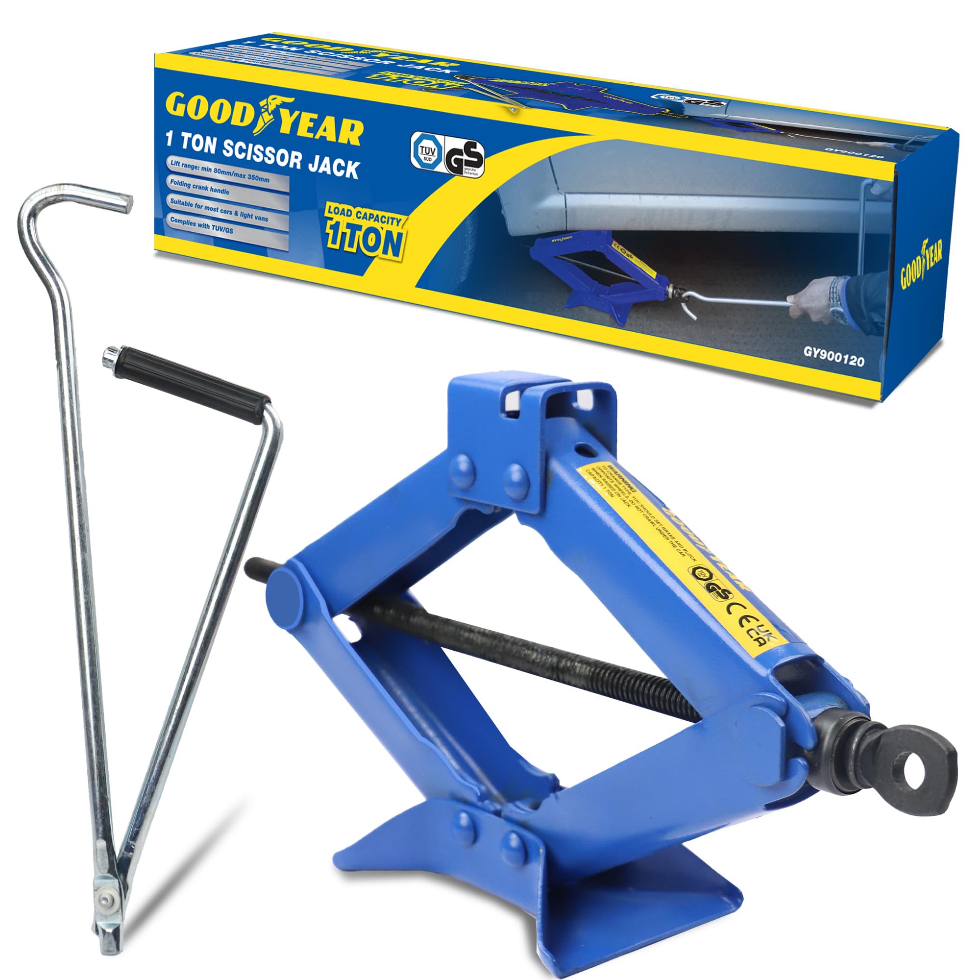 Goodyear 1 Ton Professional Scissor Jack for Car Van - Speed Wind Crank Handle
