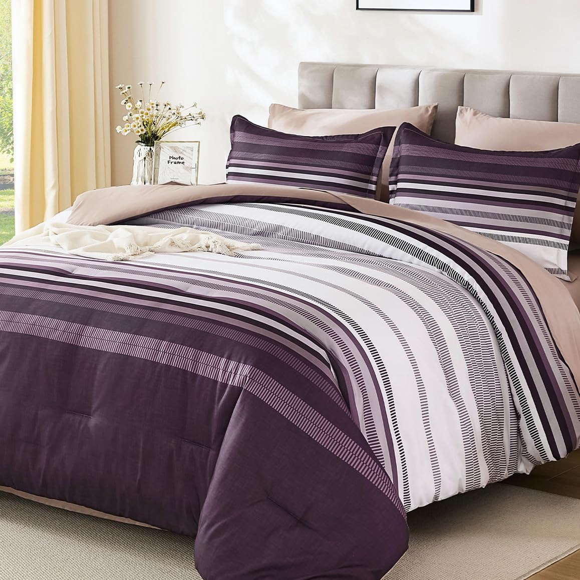 Dobuyly Purple Comforter Set Queen Size 7 Piece, Boho Striped Bed in a Bag Queen Soft Microfiber Bedding Sets with Comforter, Sheets, Pillowcases & Shams All Season