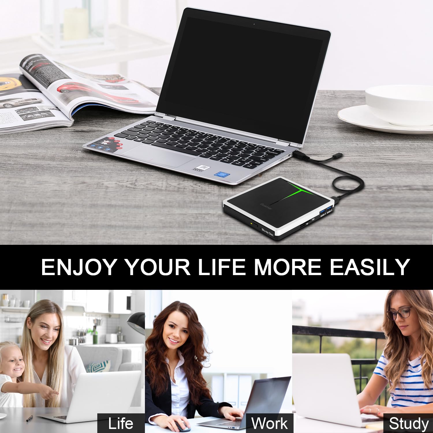 Guamar External Blu Ray Drive: USB 3.0 Type-C Blu Ray Burner with SD/TF Slot/2 USB Ports/Carrying Case - Portable Slim External Blueray/DVD Drive for PC Laptop Mac Windows 11