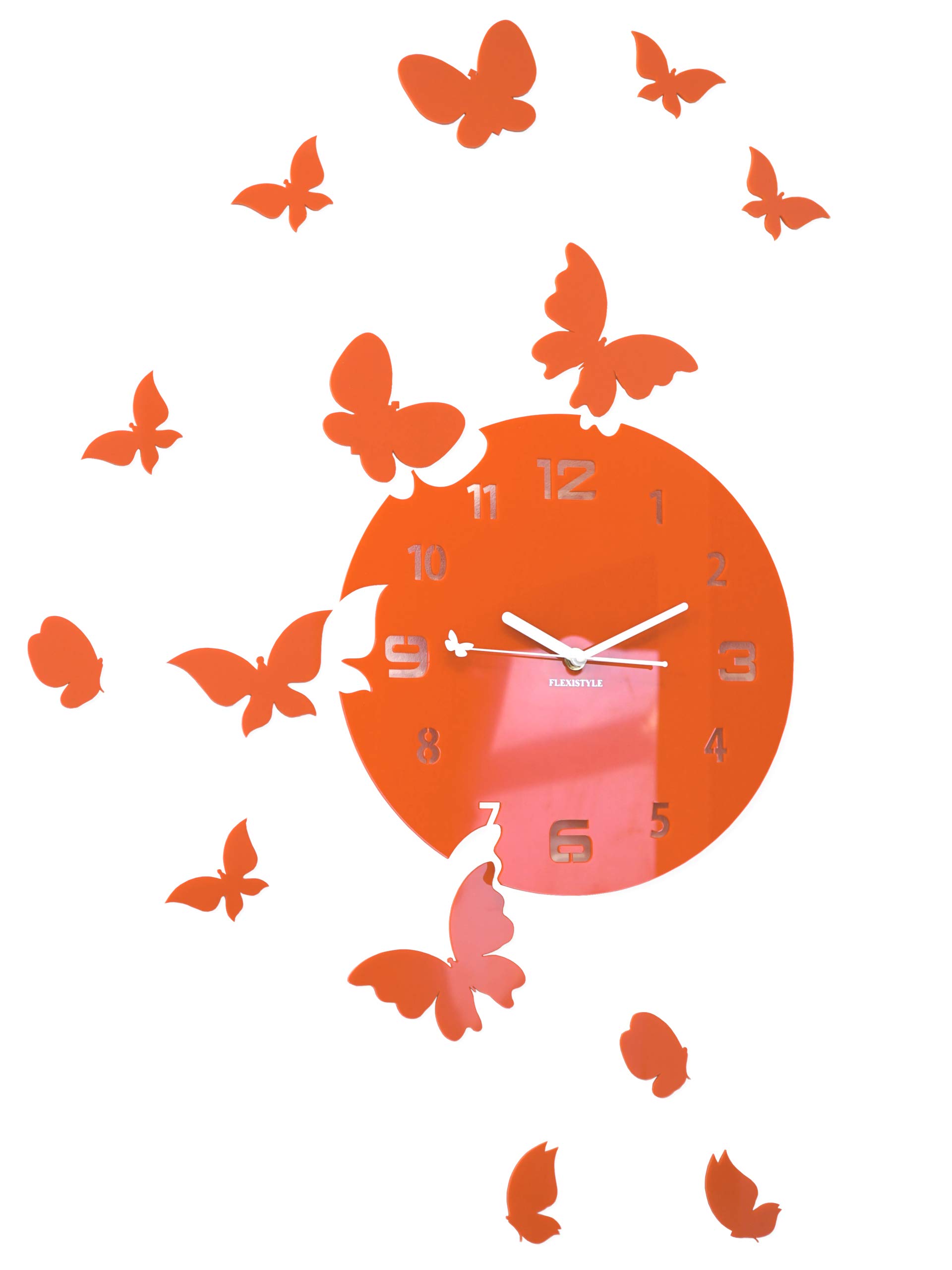 FLEXISTYLE Large Modern Wall Clock Butterfly Round 30 cm 15 Butterflies Living Room Bedroom Children's Room Product Made in the EU (Orange)