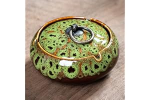AZOFIA Handmade Ceramic Ashtray with Lids, Windproof Ashtray Smokeless for Indoor or Outdoor, Ash Holder for Patio Desktop Office Smokers, Ash Tray for Tabletop Home Office Decor (Mix Green, M-Size)