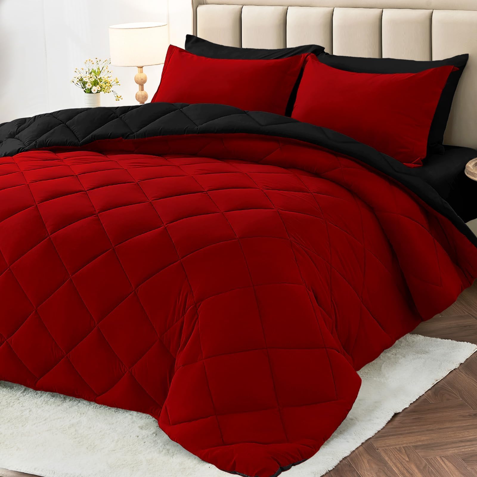 Photo 1 of MUXHOMO 7 Pieces California King Comforter Set, Reversible Bed in a Bag Cal King Size, All Season Bedding Set with Comforter, Flat Sheet, Fitted Sheet, Pillowcases & Shams, Red & Black