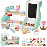 Fisher-Price Wood Coffee Shop Set Preschool Toy | Wooden Shop Counter &amp; Pretend Cash Register, 19 Accessories, Independent Play, Kids Ages 3+ Years