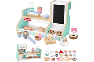 Fisher-Price Wood Pretend Play Coffee Shop & Toy Register, 20-Piece Wooden Food Playset for Preschool Kids Ages 3+ Years