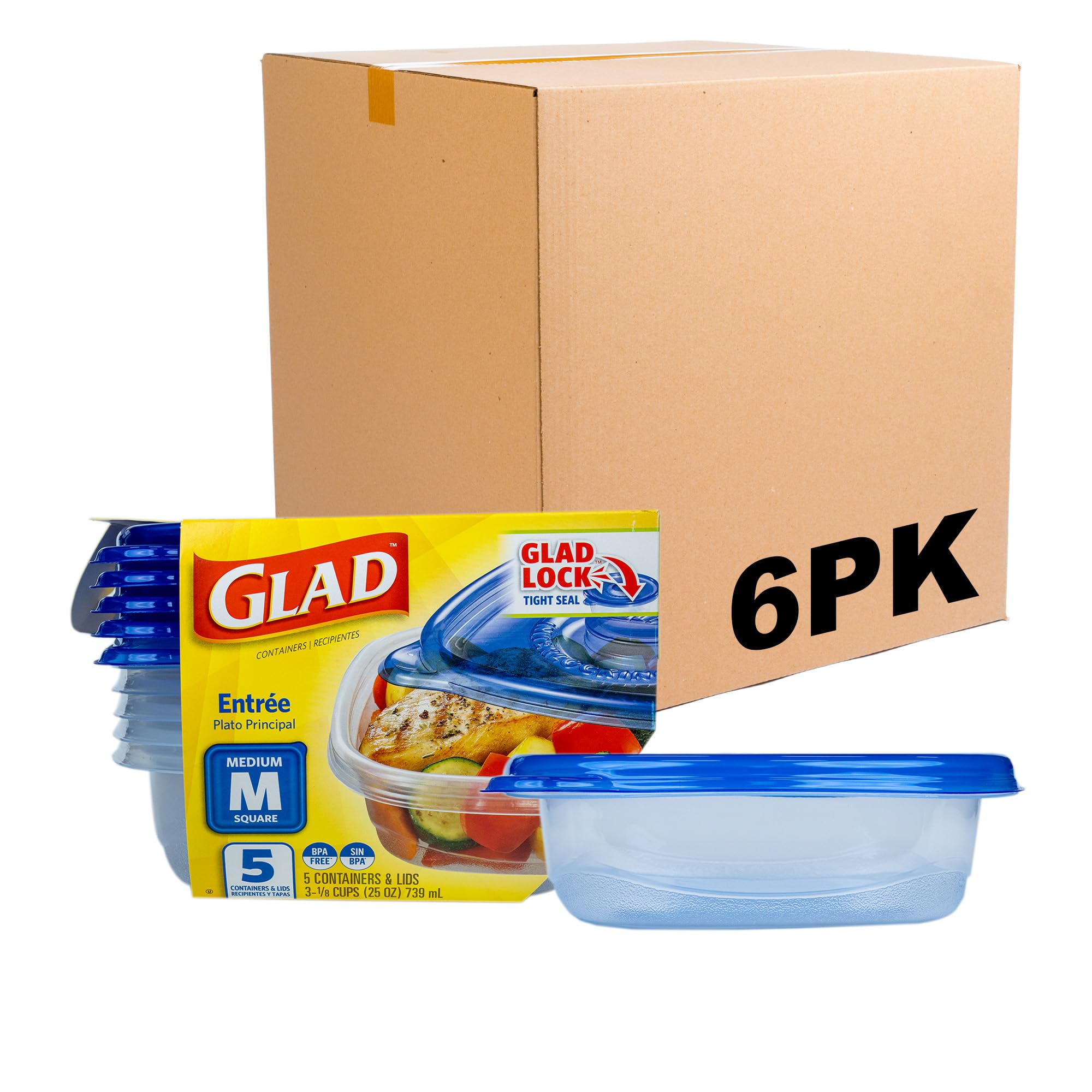 Glad GladWare Entrée Food Storage Containers, Medium Square - Meal Container Holds up to 25 Ounces of Food - Lock Tight Seal, 5 Count - 6 Pack Image