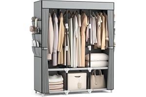 VTRIN Portable Closet Wardrobe for Hanging Clothes Closet with Cover, 3 Hanging rods, 6 Storage Shelves and Side Pocket, Diameter 19mm Metal Pipe, Sturdy Free Standing Closet for Bedroom