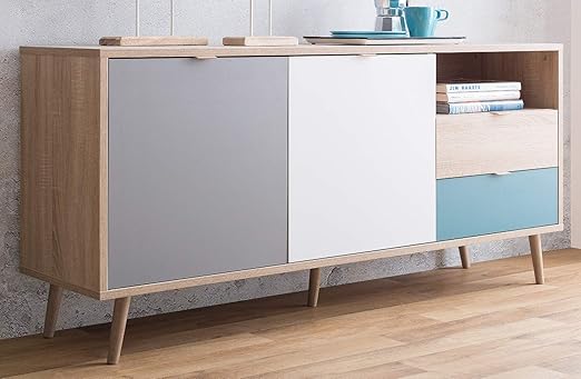 Cuba Sideboard Chest Of Drawers Sonoma Oak Light With Petrol White And Grey Tricolour Scandinavian Sideboard 150 X 71 Cm Amazon De Kuche Haushalt