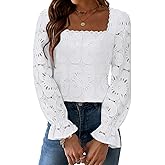UNCOOYEE Blouses for Women Dressy Casual Eyelet Square Neck Long Sleeve Embroidered Lace Crochet Boho Tops Fall Fashion 2025