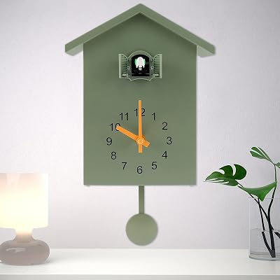 Eummy Green Minimalist Cuckoo Wall Clock Battery Powered Birdhouse Pendulum