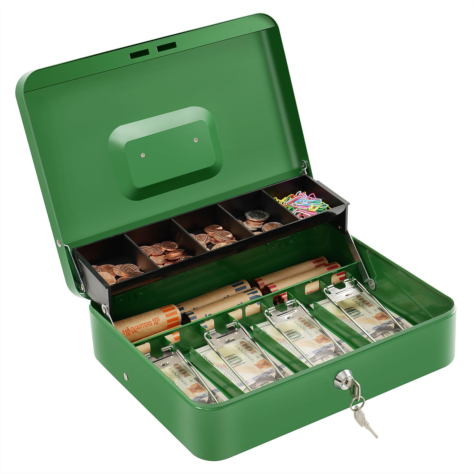 Photo 1 of Cash Box with Lock Key and Money Tray - Large Money Box for Cash Register, Metal Lock Box for Money Safe 11.8" x 9.4" x 3.54" Green