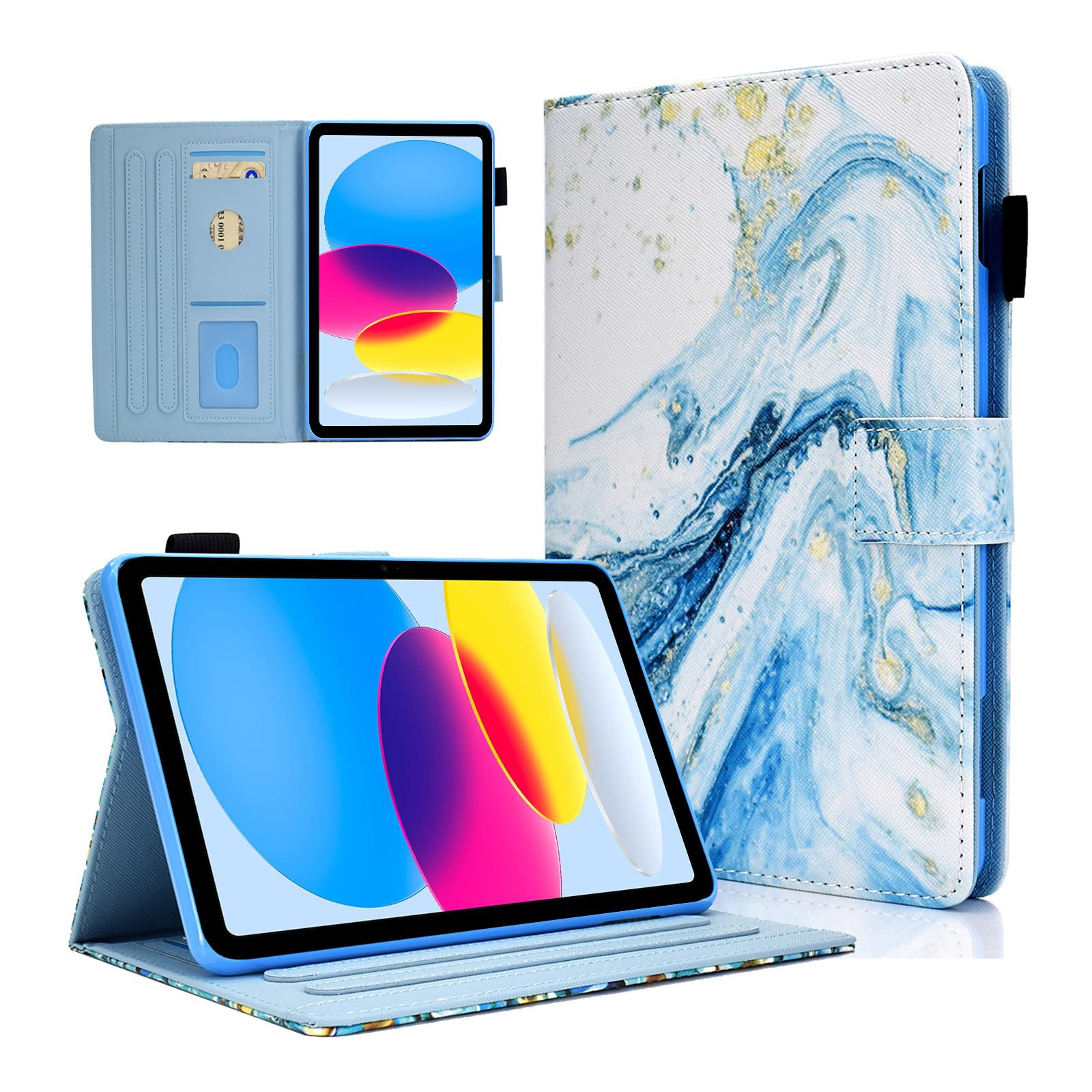 AUSMIX Case for iPad (A16) 11th Generation 11 inch 2025, iPad 10th Generation 10.9 inch 2022, Cute PU Leather Stand Cover, Auto Wake/Sleep Smart Shell with Pencil Holder, Blue Marble
