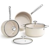 Redchef Stock Pot Set 5Qt, Saucepan 2.5/3.5 Qt, 6Pcs Nonstick Cookware Set | Induction Cooking Pot Set with Lid, Nontoxic PFAS-Free, All Stoves Even Heat, Cool Handle, Oven Dishwasher Safe, Begie White