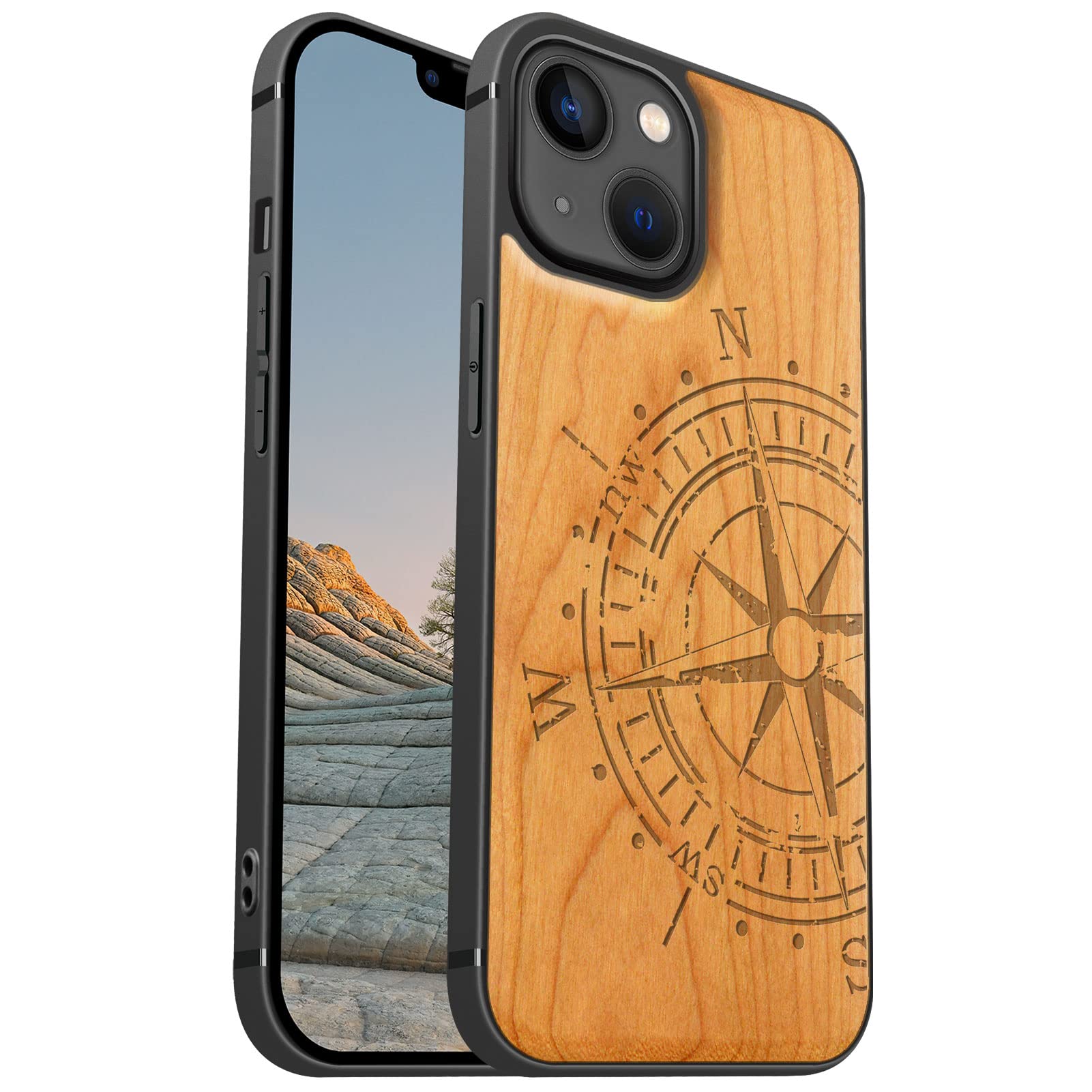 Carveit Magnetic Wood Case for iPhone 13 - Hard Real Wood & Soft TPU - Shockproof Hybrid Protective Cover - Unique & Classy Wooden Case - Compatible with MagSafe - Vintage Compass Carving - Cherry