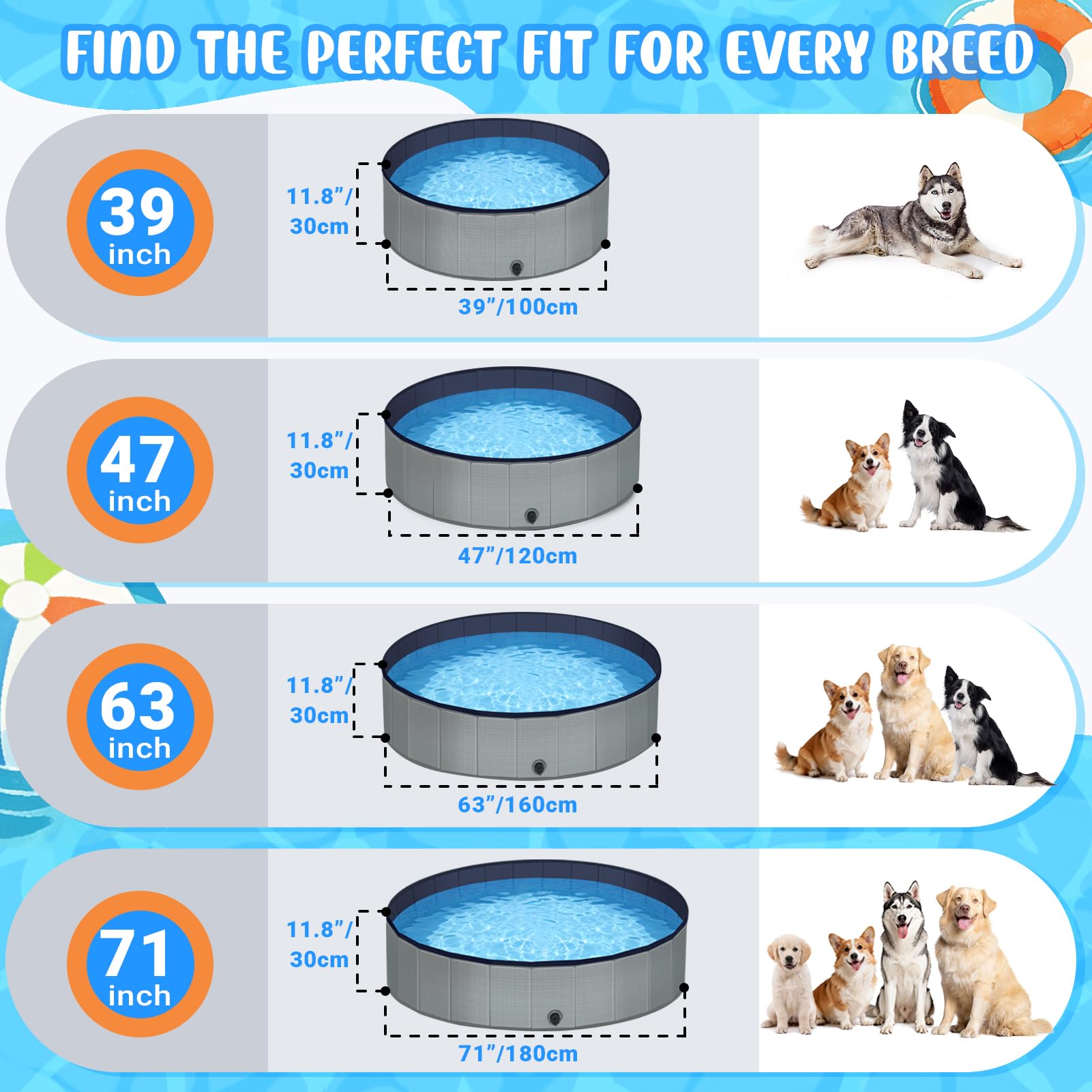 Condition photo showing New/Like New for bamda 71" foldable dog pool for dogs & kids, non-slip thickened bottom,gray