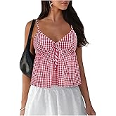 RoseSeek Women's Gingham Bowknot Camisole Tops V Neck Sleeveless Ruffle Babydoll Top