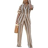 Fooullaide Women's Crochet Sets Two Piece Outfit Knit Hollow Out Color Block Button Down Shirts Matching Long Pants Beach Set