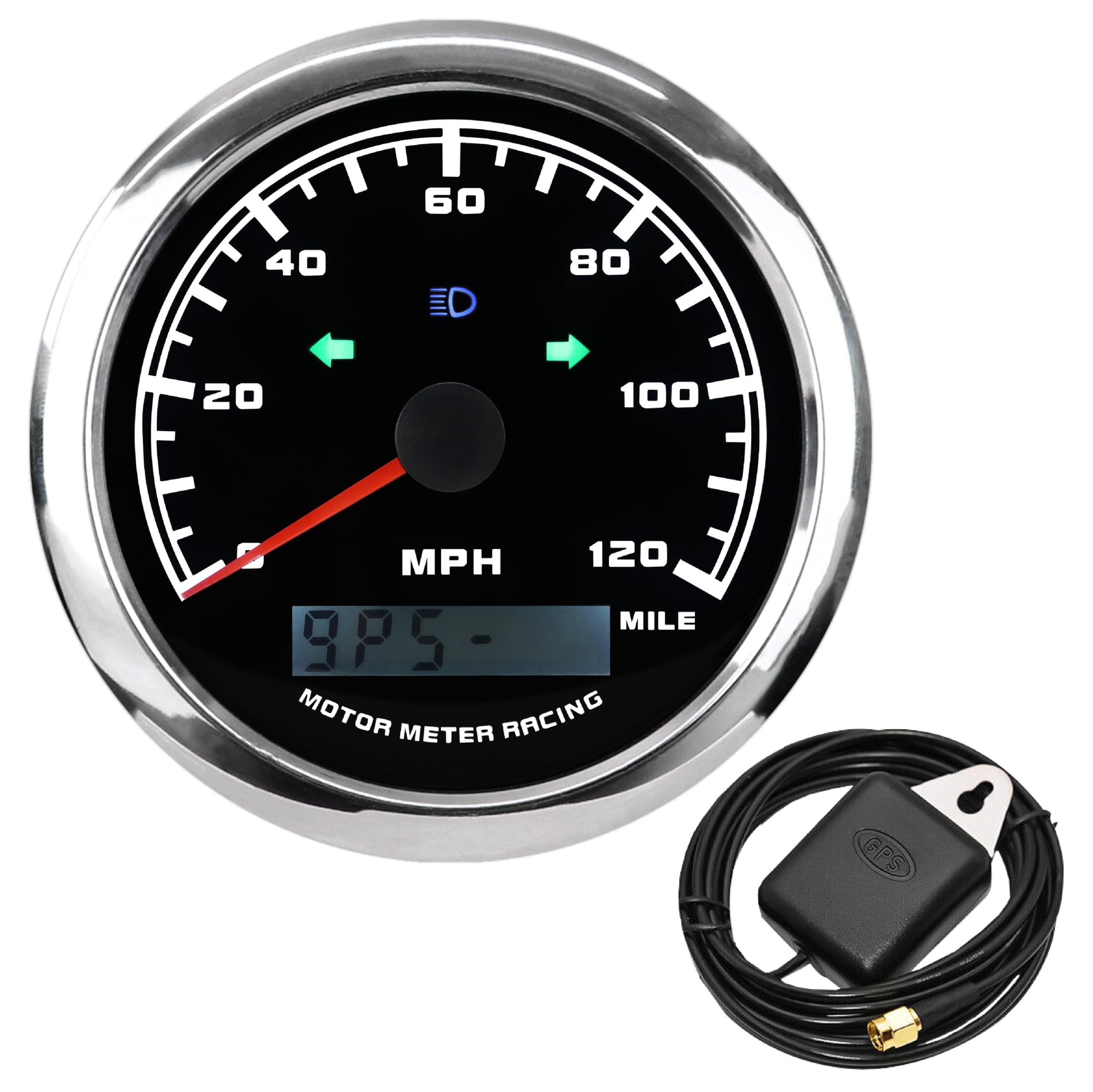 MOTOR METER RACING W Pro 85mm (3-3/8") GPS Speedometer & Digital Odometer - 120MPH, High Beam, Turn Signal - Black Dial White LED - Electrical Gauge For Automotive Marine