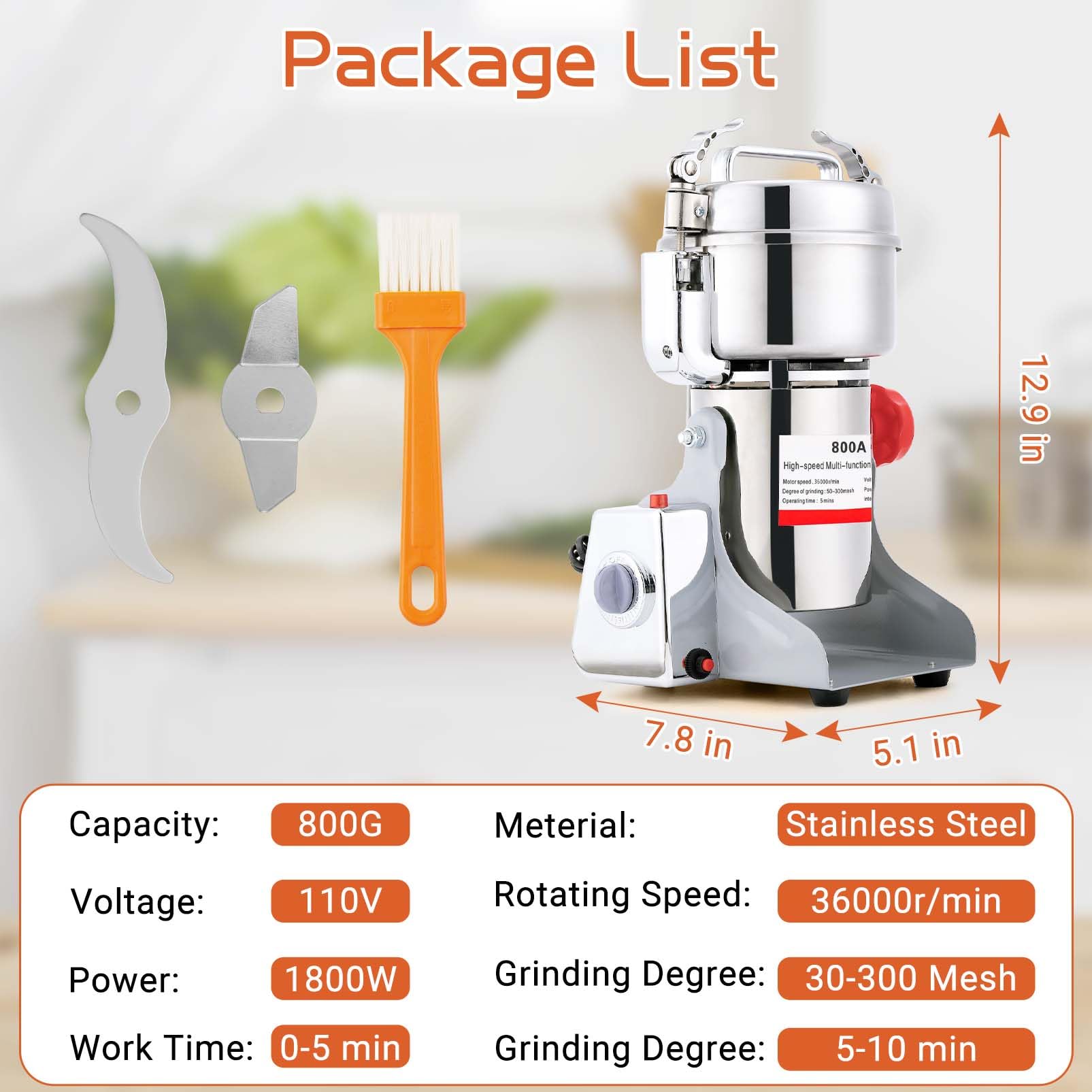 BI-DTOOL Electric Grain Mill Grinder 800g Stainless Steel Pulverizer 36000r/min High-speed Grain Mill 1800W Dry Material Grinding Machine 270° swingable Superfine powder for Home and Commercial