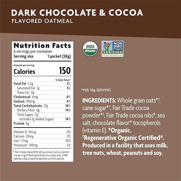 NATURE’S PATH ORGANIC REGENERATIVE ORGANIC CERTIFIED DARK CHOCOLATE & COCOA INSTANT OATMEAL, 8 OZ (PACK OF 1), NON-GMO, FAIR TRADE