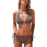 CUPSHE Women's Bikini Sets Halter V Neck Self Tied Straps Textured Bathing Suit Low Rise Bottom Side Drawstring