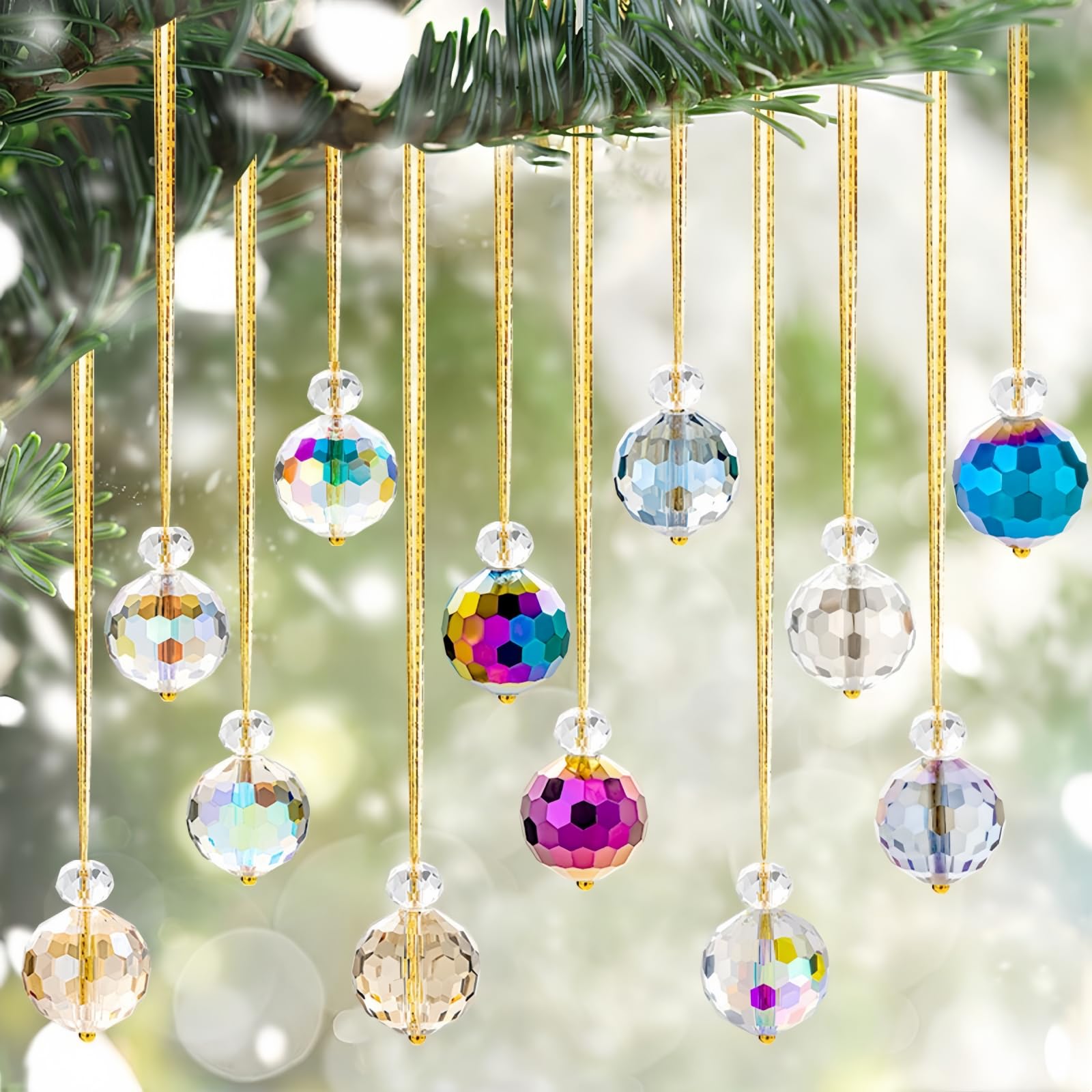 KAISELINNA 12 Pcs Christmas Balls Christmas Tree Crystal Ball Ornaments Rainbow Crystal Suncatcher Window Decorations Glass Hanging Pendant for Xmas Party Wedding Home Decor