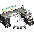 Coleshome L Shaped Computer Desk with 6 Drawers & Power Outlet, 55 Inch Corner Desk with Reversible Storage Shelf & File Drawer, Home Office Desk, Grey Oak