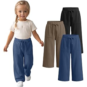JoyMotion 3 Pack Toddler Girl Wide Leg Sweatpants | Kids Open Bottom Pants, Elastic Drawstring Waist, Pockets, Soft Comfy, At