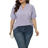 Womens Plus Size T-Shirts V-Neck Puff Short Sleeve Tops Casual Summer Eyelet Tunic Top Cute Hollow Out Blouses