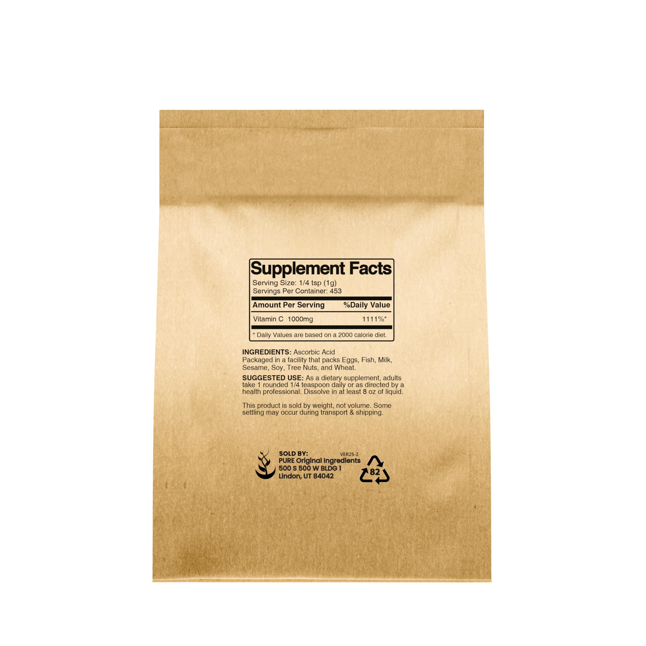 PURE ORIGINAL INGREDIENTS Vitamin C Powder (1 lb) Ascorbic Acid, Non GMO, Dietary Supplement