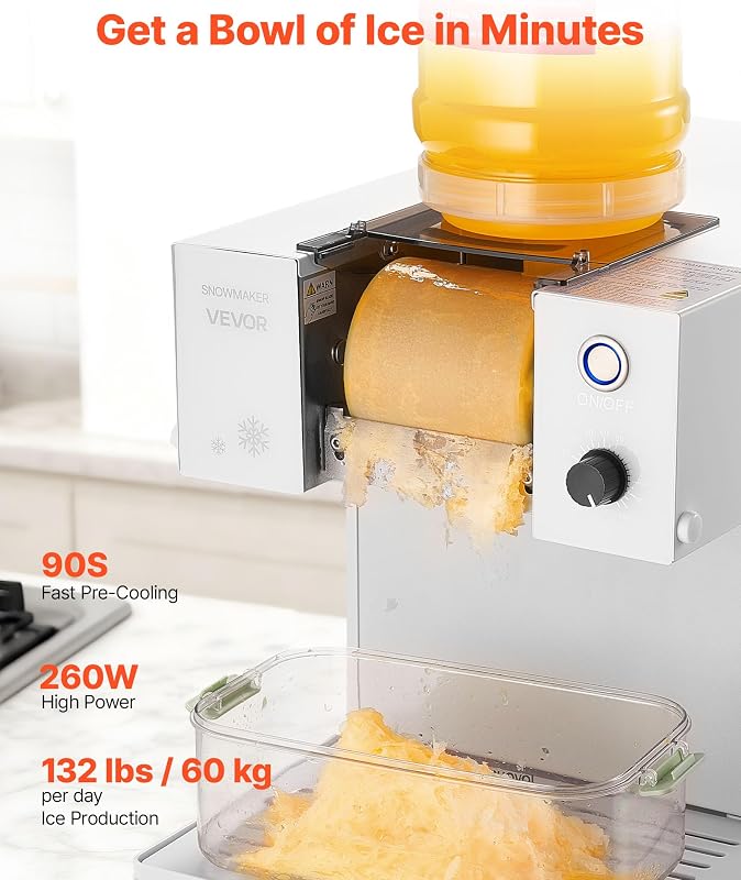 Broyeur à Glace Pilée 60 kg/24 h, Machine à Glace Râpée Flocon de Neige, avec Lame en Acier Inoxydable, Réservoir de 1,8 L, Pré-refroidissement Rapide, pour Dessert Boulangerie Café Maison — photo 2 sur 8