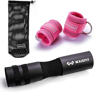 W WAISFIT Athletics Squat Barbell Pad for Woman & Pair of Ankle Straps for Cable Machines,Hip Thruster Foam Squat Bar Neck Pad & 2 Pink Leg Kickback Straps Gym Bundle Pink