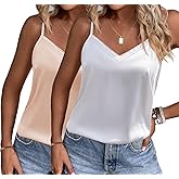Ekouaer Women's Lace Silk Satin Pajama Tank Tops V Neck Camisole Soft Spaghetti Strap Tops Loose Sleepwear S-3XL
