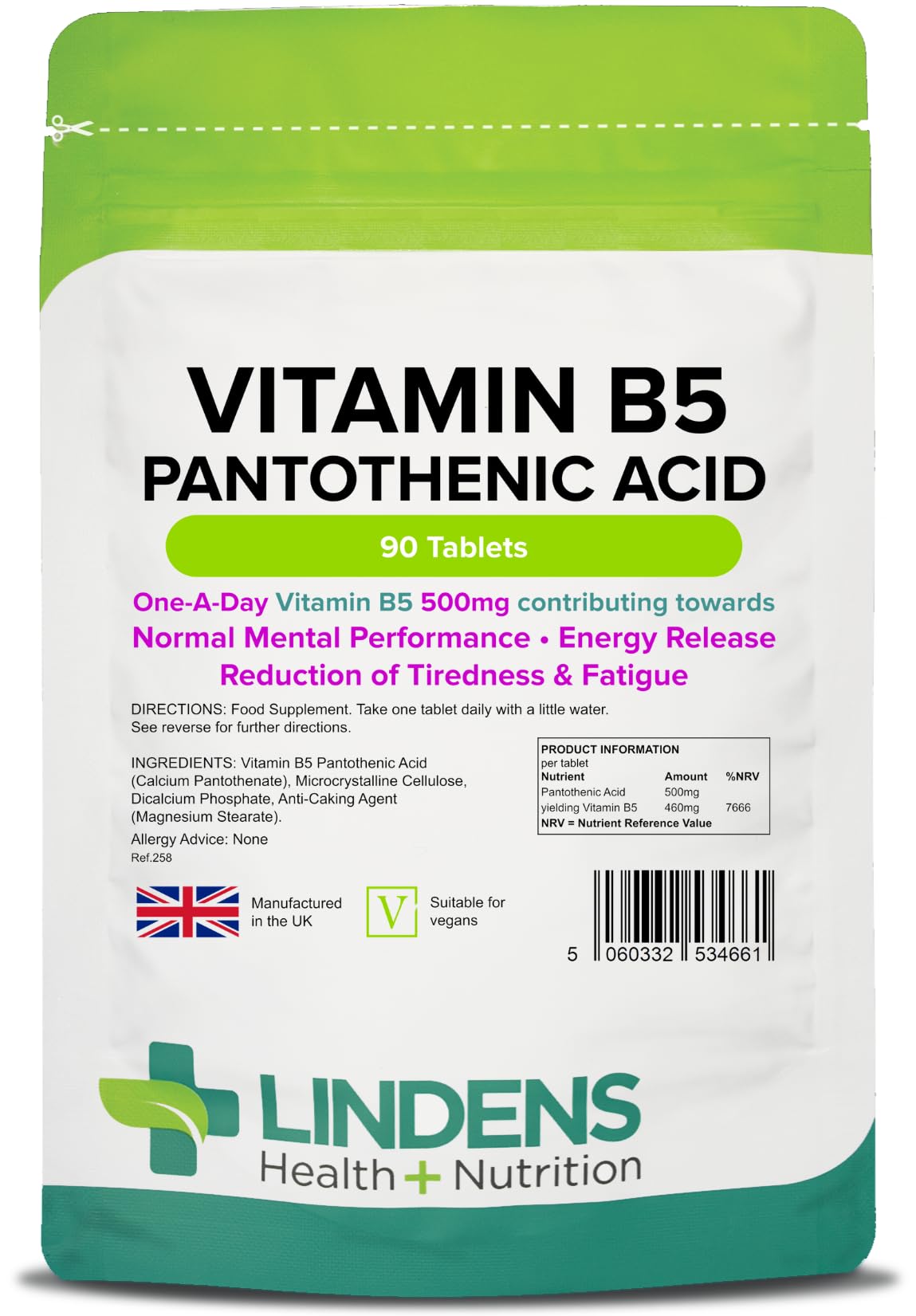 Lindens - Vitamin B5 Pantothenic Acid 500mg, 90 Tablets - UK Made | 1-A-Day | Contributes to Mental Performance, Metabolism & Reduction of Tiredness | 7666% NRV Dose - Letterbox Friendly, Vegan