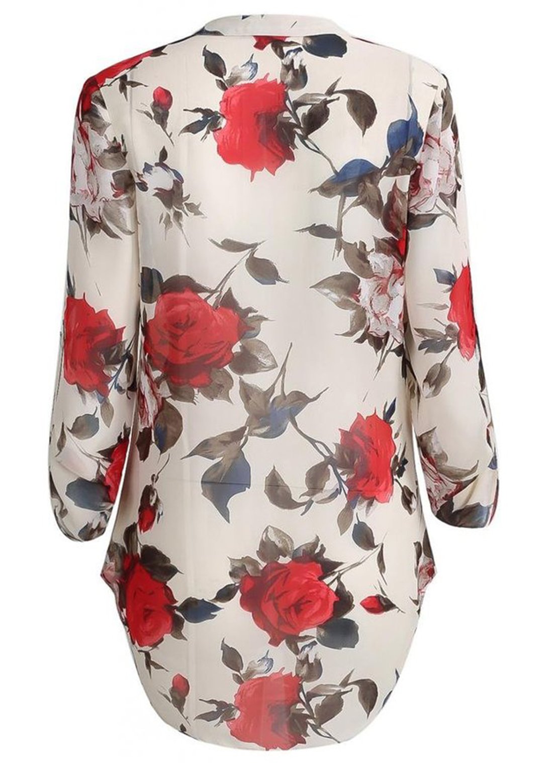 SheIn Women\'s Floral Printed V Neck High Low Hem Cuffed Sleeves Blouse - Multicolor Large